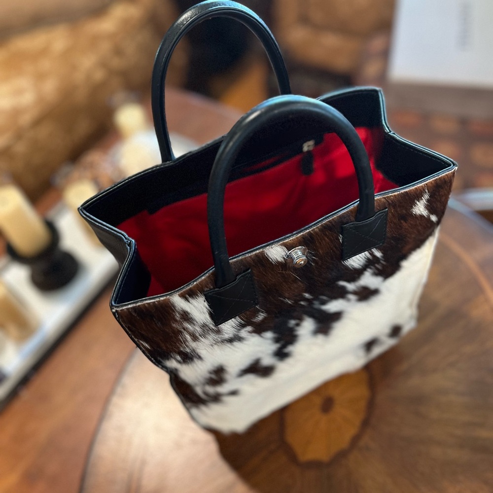 Brown and White Cow Hide Leather Tote with Bold Red Interior